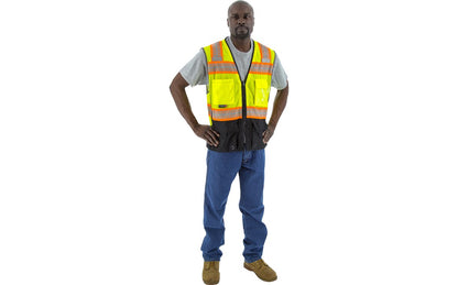 75-3249 Majestic Hi-Viz Yellow Mesh Vest w DOT Chainsaw Striping with Back Survey Pocket, ANSI 2 — 1 Each or 50 Each — FREE SHIPPING*