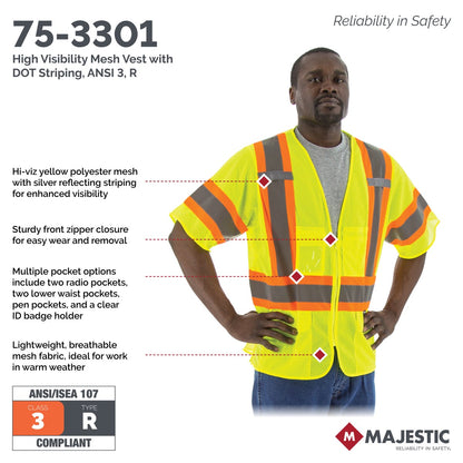 75-3302 Majestic Hi-Viz Mesh Vest with DOT Striping, ANSI 3 — 1 Each or 50 Each — FREE SHIPPING*