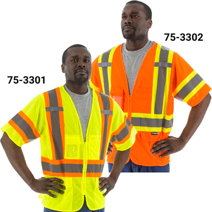 75-3301 / 75-3302 Majestic Hi-Viz Mesh Vest with DOT Striping, ANSI Class 3, Choose Yellow or Orange — Pack of 6 or More — FREE SHIPPING*