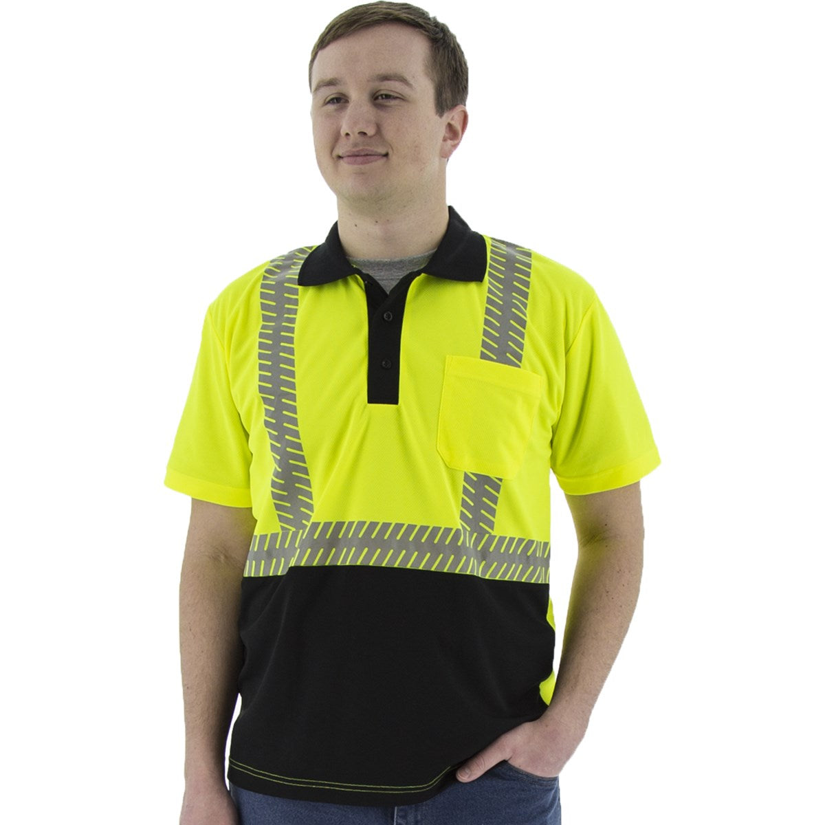 75-5213 Majestic Hi-Viz Polo with Reflective Chainsaw Striping, ANSI 2 — 1 Each or 25 Each — FREE SHIPPING*
