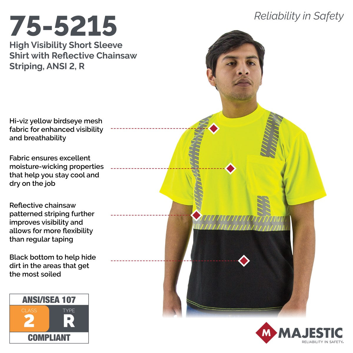 75-5215 Majestic Hi-Viz Shirt with Reflective Chainsaw Striping, ANSI 2 — 1 Each or 25 Each — FREE SHIPPING*