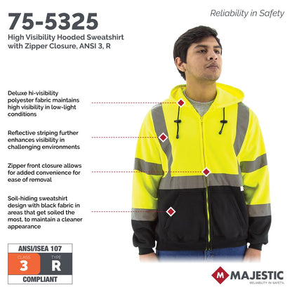 75-5325 Majestic Hi-Viz Hooded Sweatshirt with Zipper Closure, ANSI 3 — 1 Each or 10 Each — FREE SHIPPING*