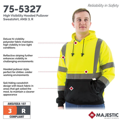 75-5327 Majestic Hi-Viz Hooded Pullover Sweatshirt, ANSI 3 — 1 Each or 10 Each — FREE SHIPPING*