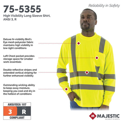 75-5355 Majestic Hi-Viz Long Sleeve Shirt, ANSI 3 — 1 Each or 25 Each — FREE SHIPPING*
