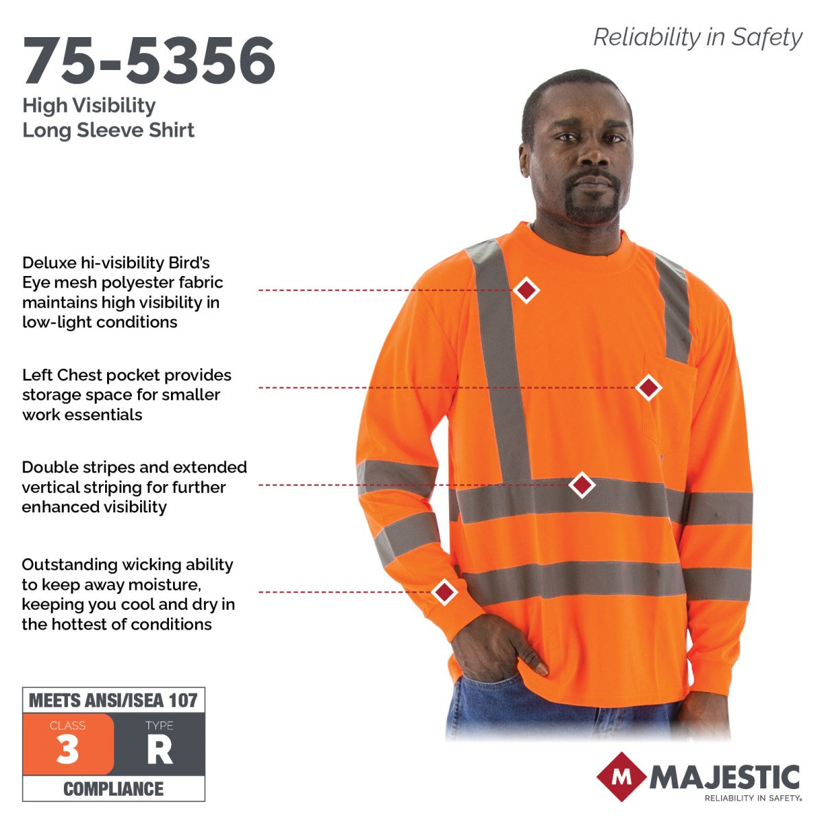 75-5356 Majestic Hi-Viz Long Sleeve Shirt, ANSI 3 — 1 Each or 25 Each — FREE SHIPPING*