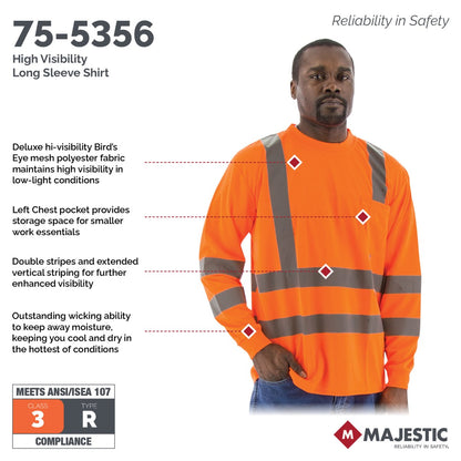 75-5355 Majestic Hi-Viz Long Sleeve Shirt, ANSI 3 — 1 Each or 25 Each — FREE SHIPPING*