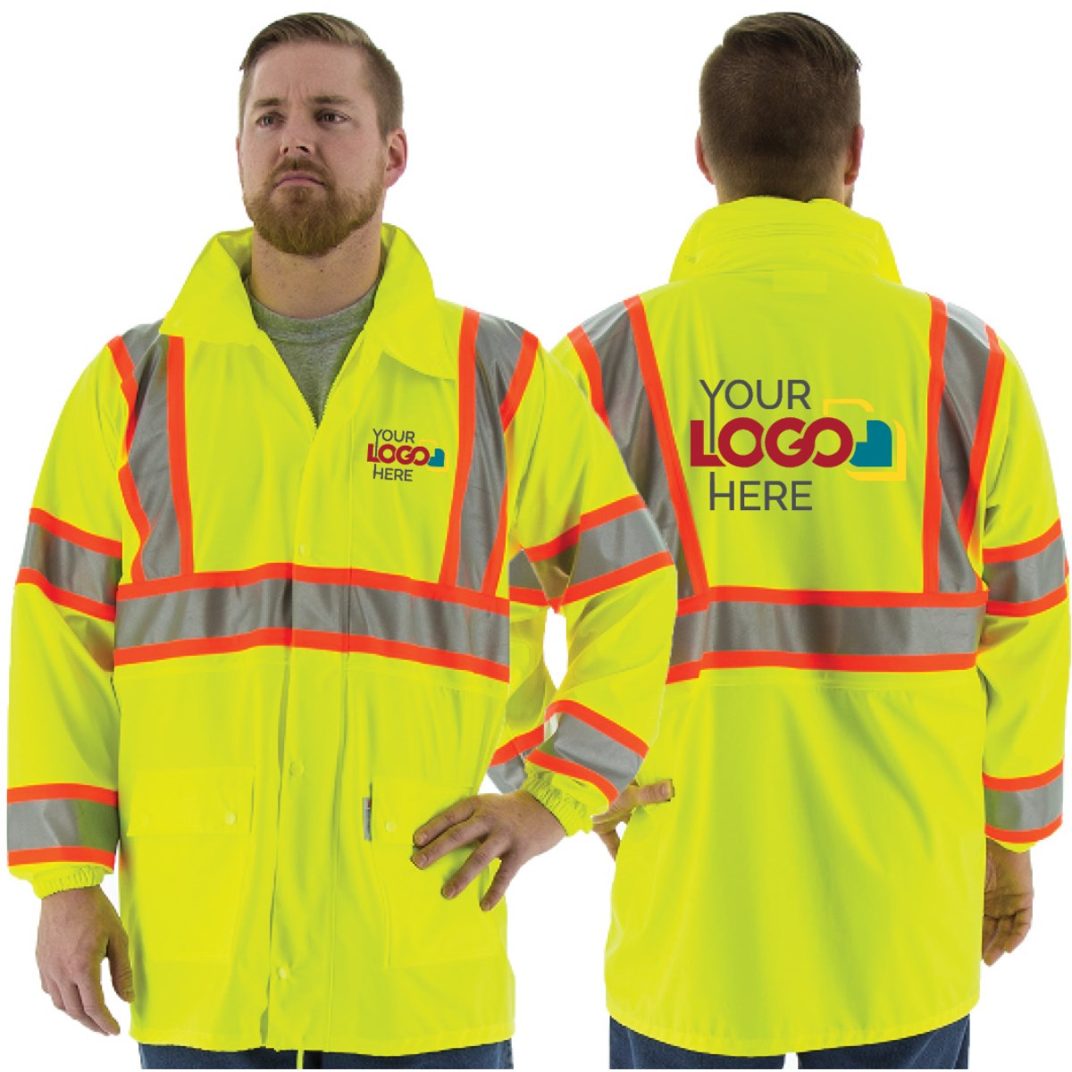 75-7301 Majestic Hi-Viz Waterproof Rain Jacket w DOT Striping, ANSI 3 — 1 Each or 20 Each — FREE SHIPPING*