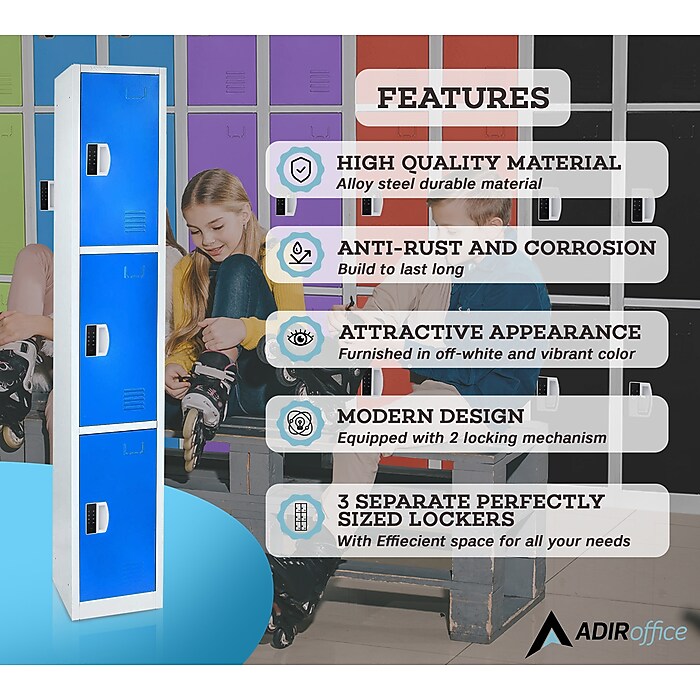 72" H x 12" W Triple Tier Steel Storage Locker with Digital Lock, Blue — FREE SHIPPING*