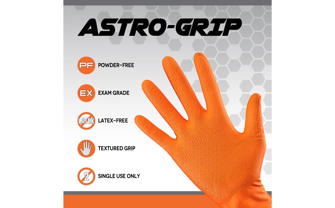 SAS Astro-Grip® Powder-Free 7 Mil Exam Grade, FDA, Nitrile 3D Cube Grip Disposable Gloves, Orange, 40/bx - 12 bx/cs