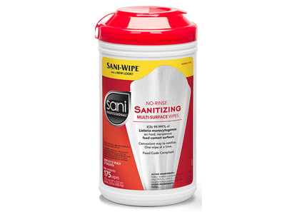 Sani Professional® No Rinse Sanitizing Wipes, XL, 7.75" x 9", 95 Wipes per canister - 6/cs