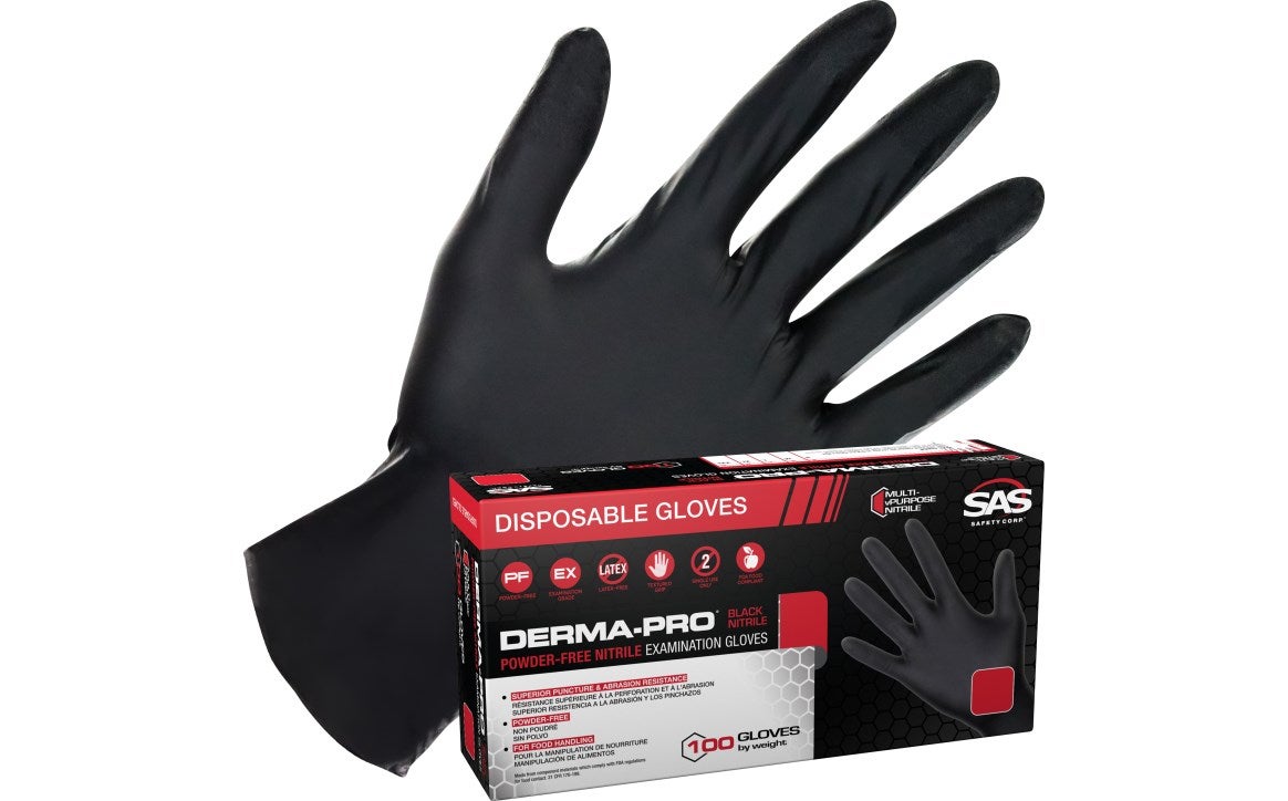 SAS Derma-Pro® Powder-Free 4.5 mil Nitrile Exam Grade, ASTM D6978 Fentanyl, FDA,  Disposable Gloves, Black, 100/bx - 10 bx/cs
