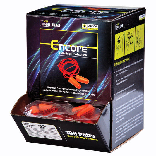 Cordova Encore™ Orange Foam PU Ear Plugs, Corded, NRR 33 dB - 100 pr/bx