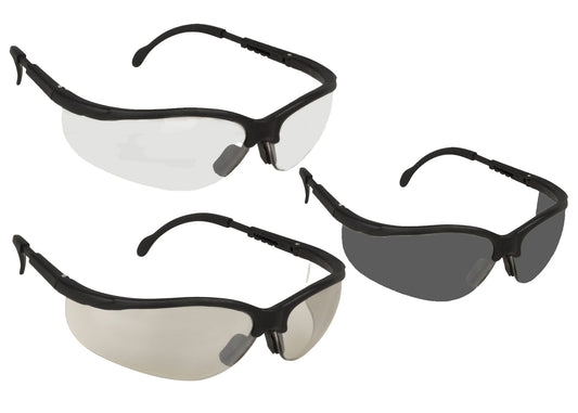 Cordova Boxer™ Safety Glasses, Extendable Temples, Dual Wrap-Around Scratch-Resistant Lens, Black Frame, Choose Clear or Gray or Indoor/Outdoor Lens