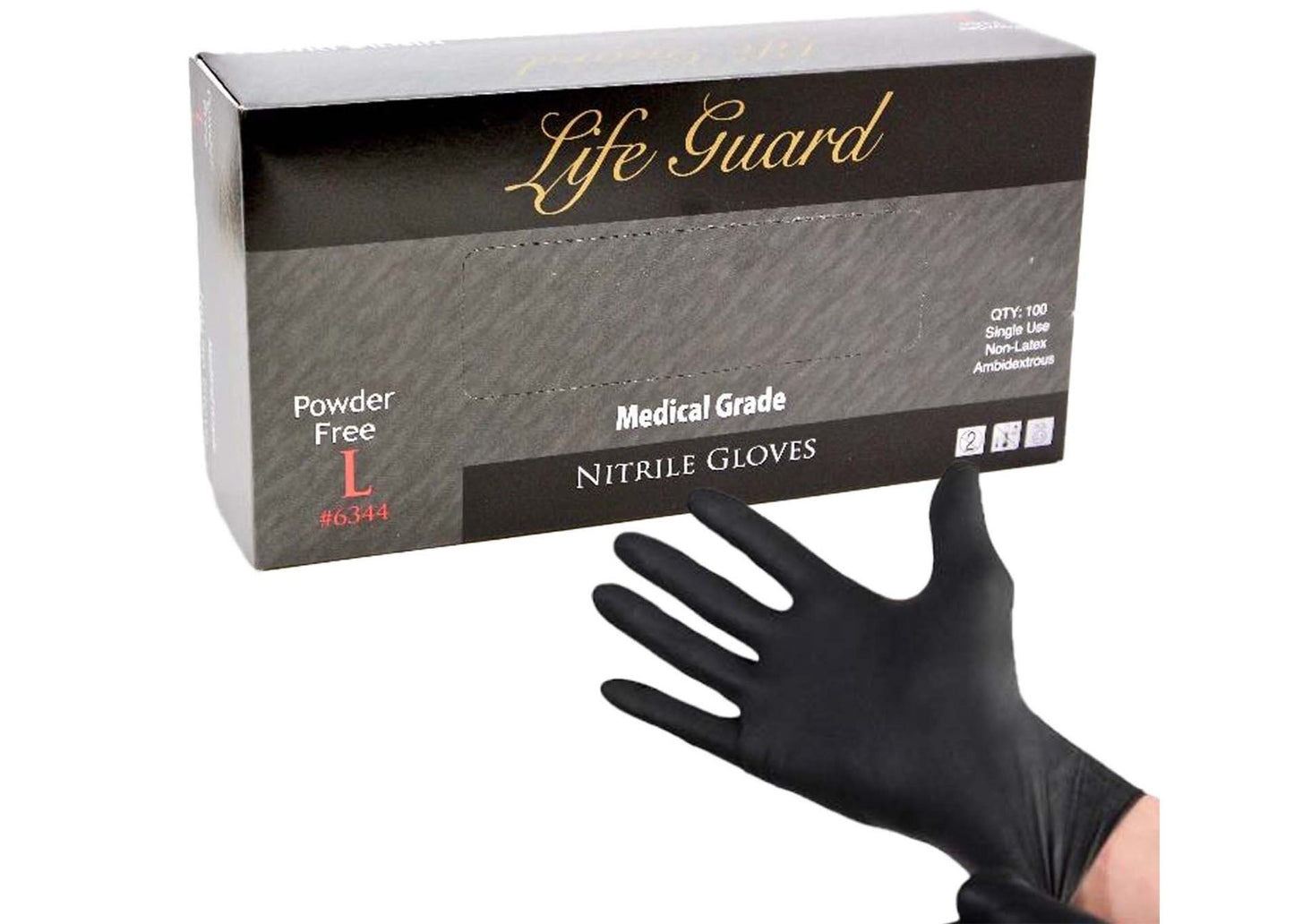 Life Guard Medical Grade 5.5 mil Powder-Free, FDA, Disposable Nitrile Glove, Black: 100/bx or 10 bx/cs
