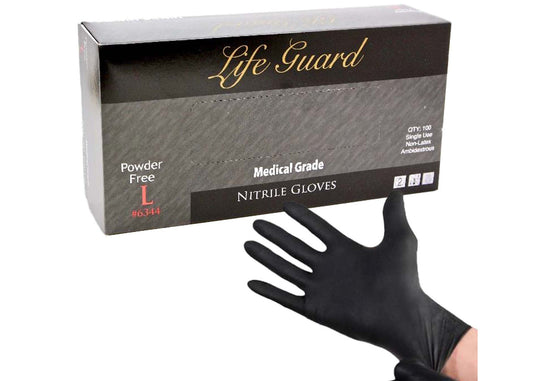 Life Guard Medical Grade 5.5 mil Powder-Free, FDA, Disposable Nitrile Glove, Black: 100/bx or 10 bx/cs