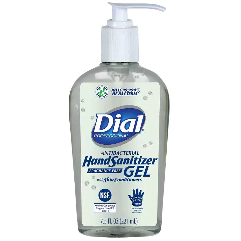 Dial® Professional Antibacterial Gel Hand Sanitizer, E3, Fragrance Free, 7.5 oz Pump Bottle - 12/cs