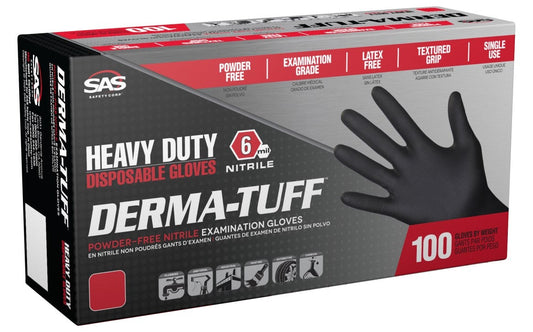 SAS Derma-Tuff® Heavy Duty Powder-Free 6 mil Exam Grade, ASTM D6978 Fentanyl, FDA, Disposable Nitrile Gloves, Black, 100/bx - 10 bx/cs