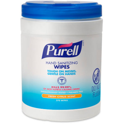 PURELL® Hand Sanitizing Wipes, Fresh Citrus Scent, 6" x 6.75" Sheet, 270 per canister - 6/cs