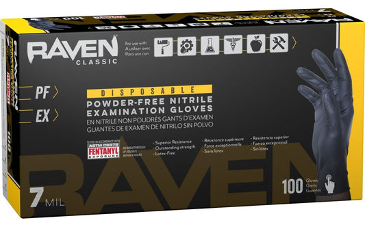 SAS Raven® Powder-Free Nitrile 7 Mil Exam Grade, ASTM D6978 Fentanyl, Disposable Gloves, Black, 100/bx -10 bx/cs