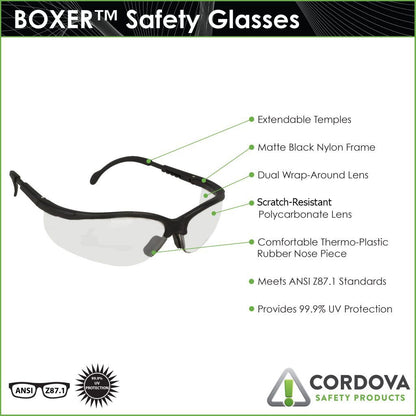 Cordova Boxer™ Safety Glasses, Extendable Temples, Dual Wrap-Around Scratch-Resistant Lens, Black Frame, Choose Clear or Gray or Indoor/Outdoor Lens