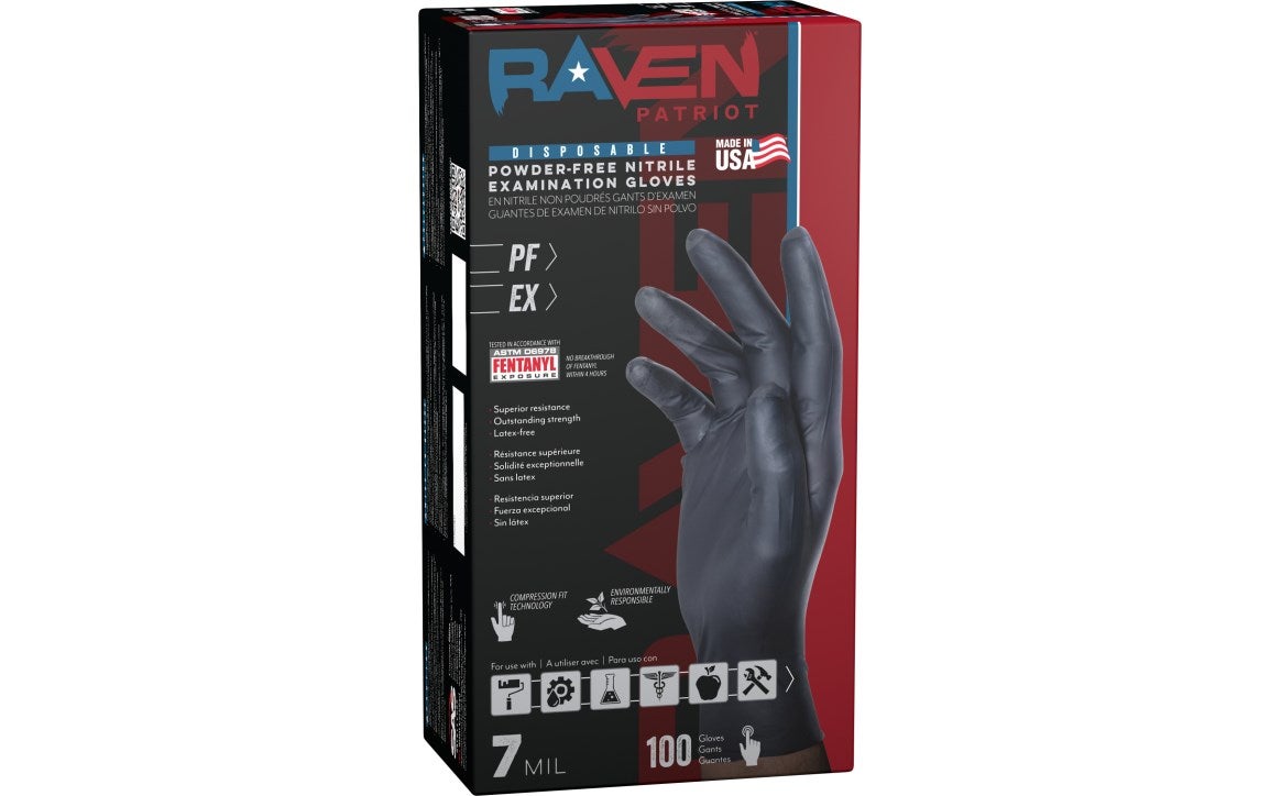 SAS Raven® Patriot Powder-Free 7 Mil Exam Grade, ASTM D6978 Fentanyl, Disposable Nitrile Gloves, Black, 100/bx - 10 bx/cs