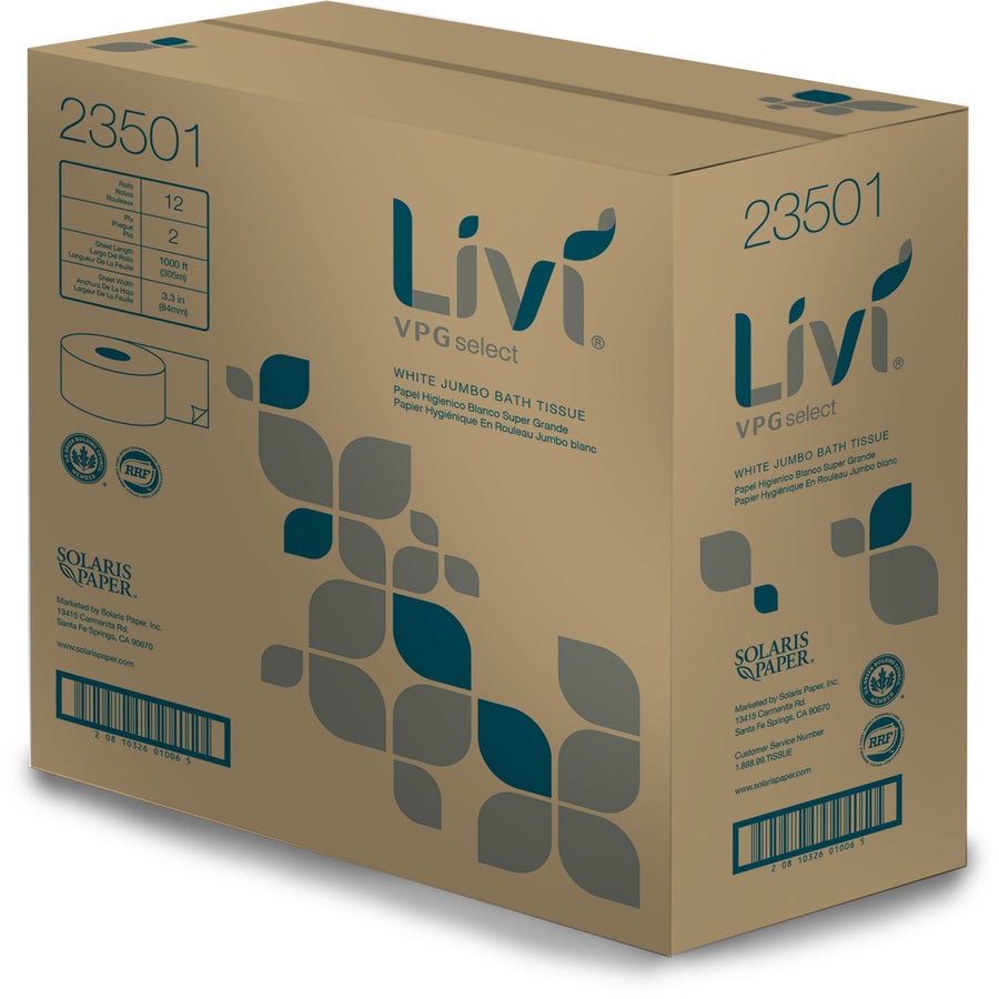 Livi VPG Select 9" Jr. Jumbo Bath Tissue, 2ply, 1000'/rl - 12/cs