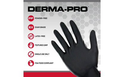 SAS Derma-Pro® Powder-Free 4.5 mil Nitrile Exam Grade, ASTM D6978 Fentanyl, FDA,  Disposable Gloves, Black, 100/bx - 10 bx/cs
