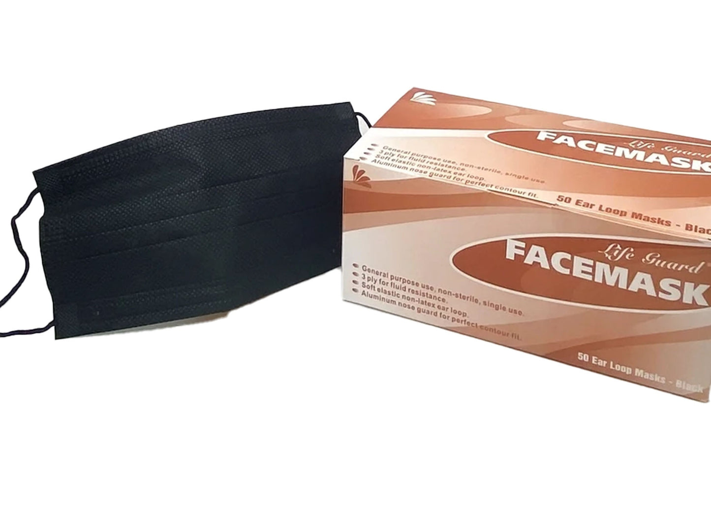 Face Masks, 99.5% Bacteria Filtration, 3-ply Pleated w/Earloops, Black - 50/bx or 20 bx/cs