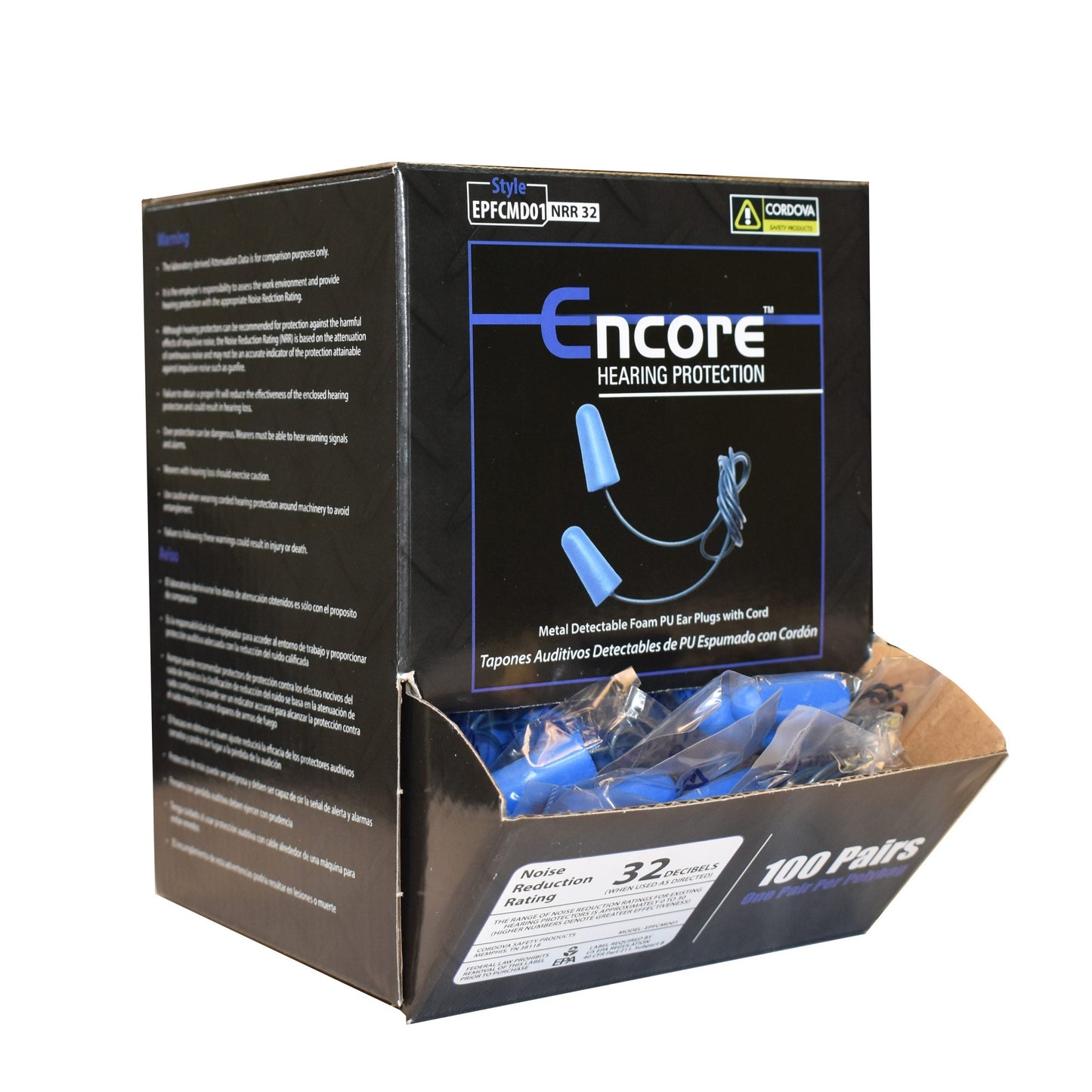 Cordova Encore™ Blue Metal-Detectable Foam Ear Plugs w/Blue PVC Cord, NRR 33 dB - 100 pr/bx