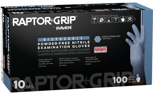 SAS Raptor Grip™ Powder-Free 10 Mil Exam Grade, ASTM D6978 Fentanyl, Disposable Nitrile Gloves, Grey-Blue, 100/bx -10 bx/cs