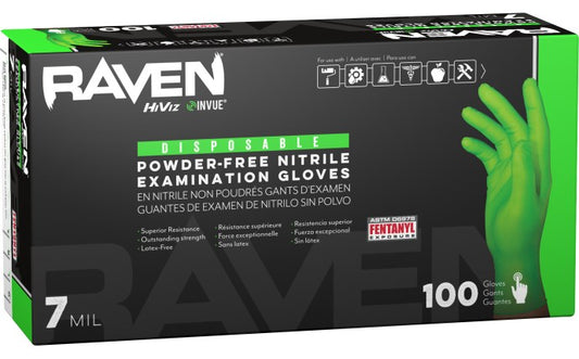 SAS Raven® InVue Powder-Free Nitrile 7 Mil Exam Grade, ASTM D6978 Fentanyl, Disposable Gloves, High-visibility Green, 100/bx -10 bx/cs