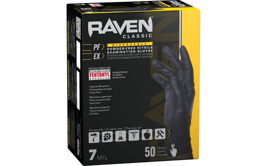 SAS Raven® Powder-Free Nitrile 7 Mil Exam Grade, ASTM D6978 Fentanyl, Disposable Gloves, Black, 50/bx - 12 bx/cs