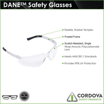 Cordova DANE™ Safety Glasses, Single Wrap-Around Scratch-Resistant Lens, Flexible Rubber Temples, MIRROR LENS, Choose Blue or Silver or Rainbow