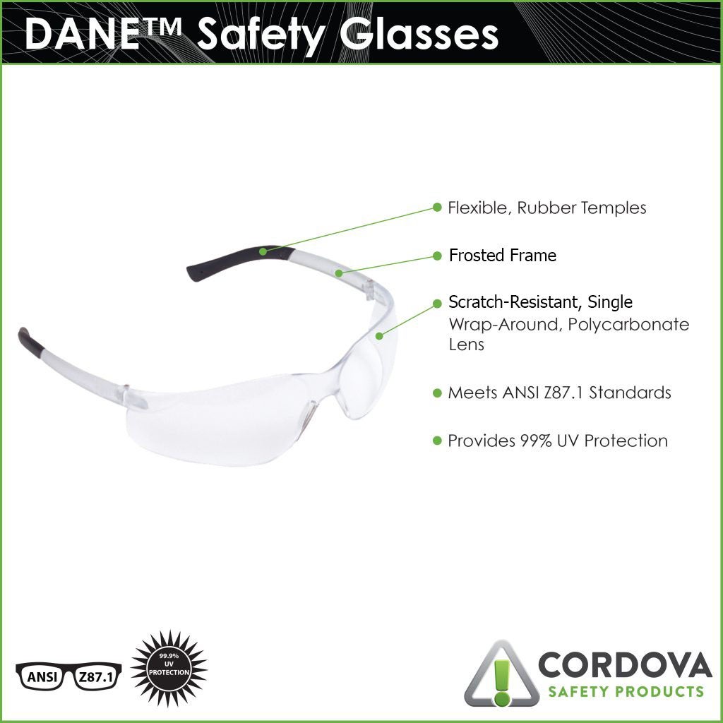 Cordova DANE™ Safety Glasses, Single Wrap-Around Scratch-Resistant Lens, Flexible Rubber Temples, Choose Light Blue or Amber or Brown Lens
