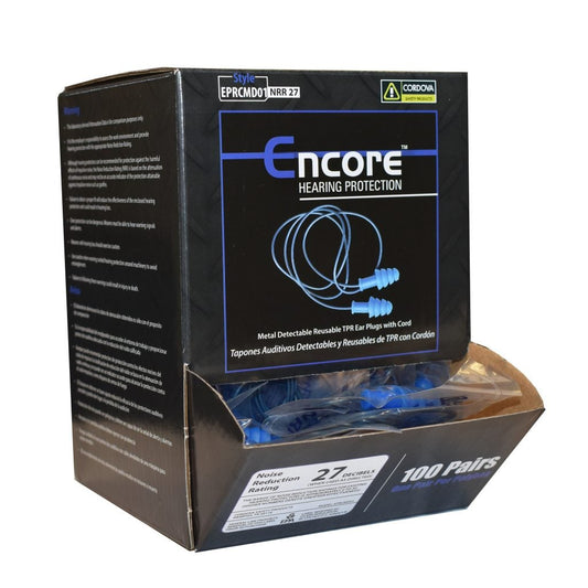 Cordova Encore™ Blue Metal-Detectable Reusable TPR Ear Plugs w/Blue PVC Cord, NRR 27 Db - 100 pr/bx