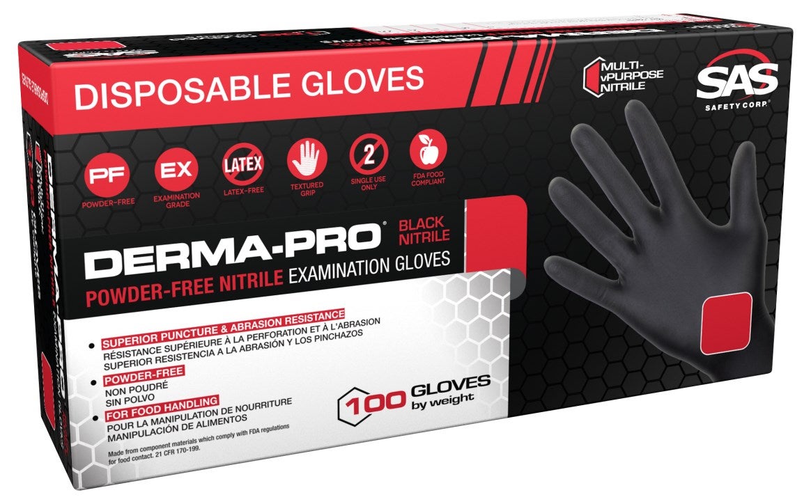 SAS Derma-Pro® Powder-Free 4.5 mil Nitrile Exam Grade, ASTM D6978 Fentanyl, FDA,  Disposable Gloves, Black, 100/bx - 10 bx/cs