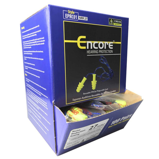 Cordova Encore™ Yellow Reusable TPR Ear Plugs w/Blue Textile Cord, NRR 27 dB - 100 pr/bx