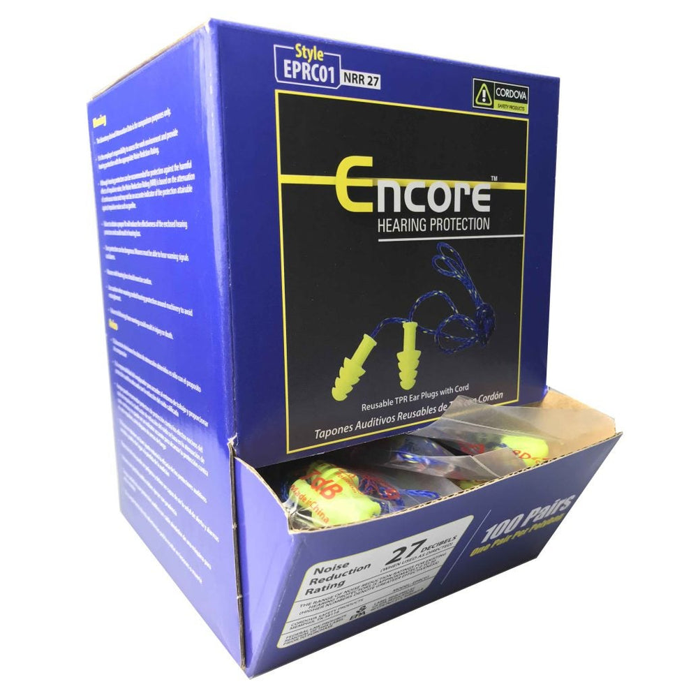 Cordova Encore™ Yellow Reusable TPR Ear Plugs w/Blue Textile Cord, NRR ...