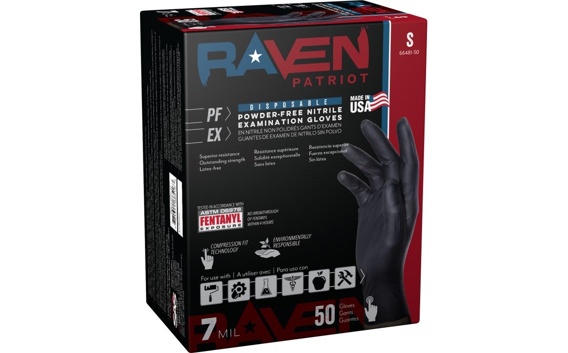 SAS Raven® Patriot Powder-Free 7 Mil Exam Grade, ASTM D6978 Fentanyl, Disposable Nitrile Gloves, Black, 50/bx - 12 bx/cs