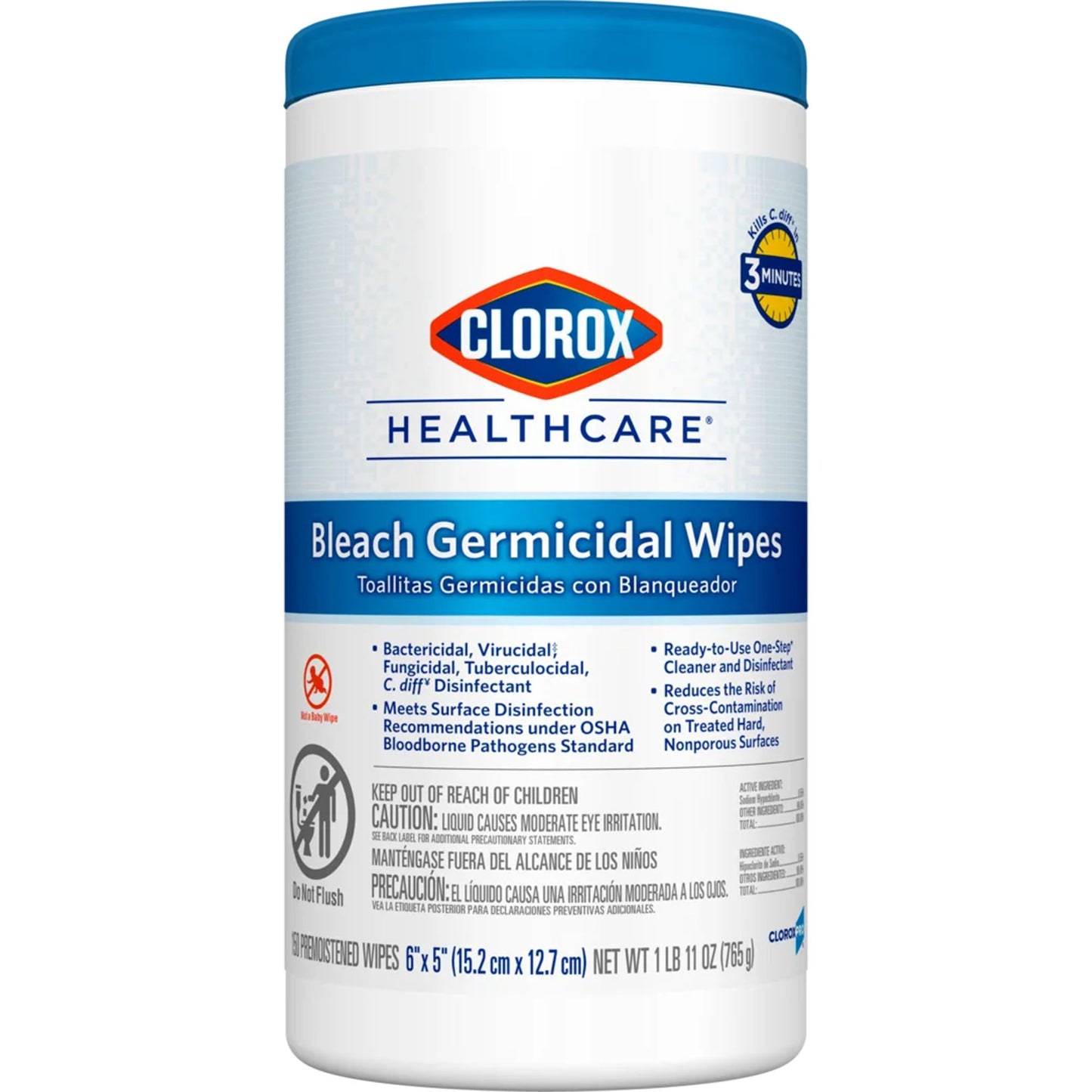 Clorox Healthcare® Bleach Germicidal Disinfectant Wipes, 5" x 6", 150 per canister - 6/cs