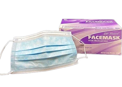 Face Masks, 99.5% Bacteria Filtration, 3-ply Pleated w/Earloops, Blue - 50/bx or 20 bx/cs