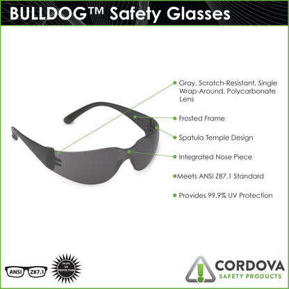 Cordova Bulldog™ Safety Glasses, Single Wrap-Around Scratch-Resistant Indoor/Outdoor Lens, Black Frame