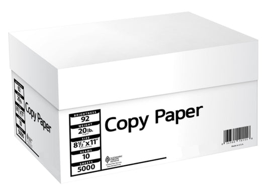 Multipurpose Copy/Printer Paper, 92 Bright, 20 lb, White, 8-1/2" x 11", 500 sht/rm - 10 rm/cs