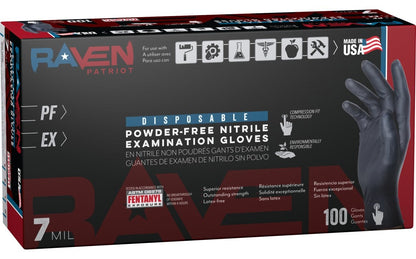 SAS Raven® Patriot Powder-Free 7 Mil Exam Grade, ASTM D6978 Fentanyl, Disposable Nitrile Gloves, Black, 100/bx - 10 bx/cs