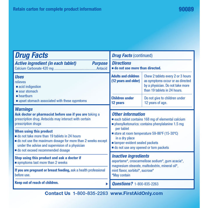 90089 PhysiciansCare Antacid Heartburn Medication, 420mg, 50 Packets of Two Tablets