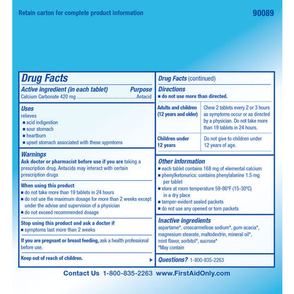 90089 PhysiciansCare Antacid Heartburn Medication, 420mg, 50 Packets of Two Tablets