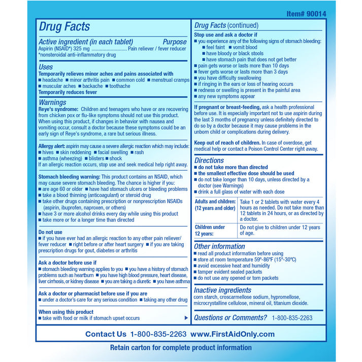 90014 PhysiciansCare Aspirin Medication, 325mg, 50 Packets of Two Tablets